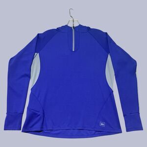 REI Shirt Women’s Large Hooded Pullover Blue 1/4 Zip Thumb Holes Lightweight